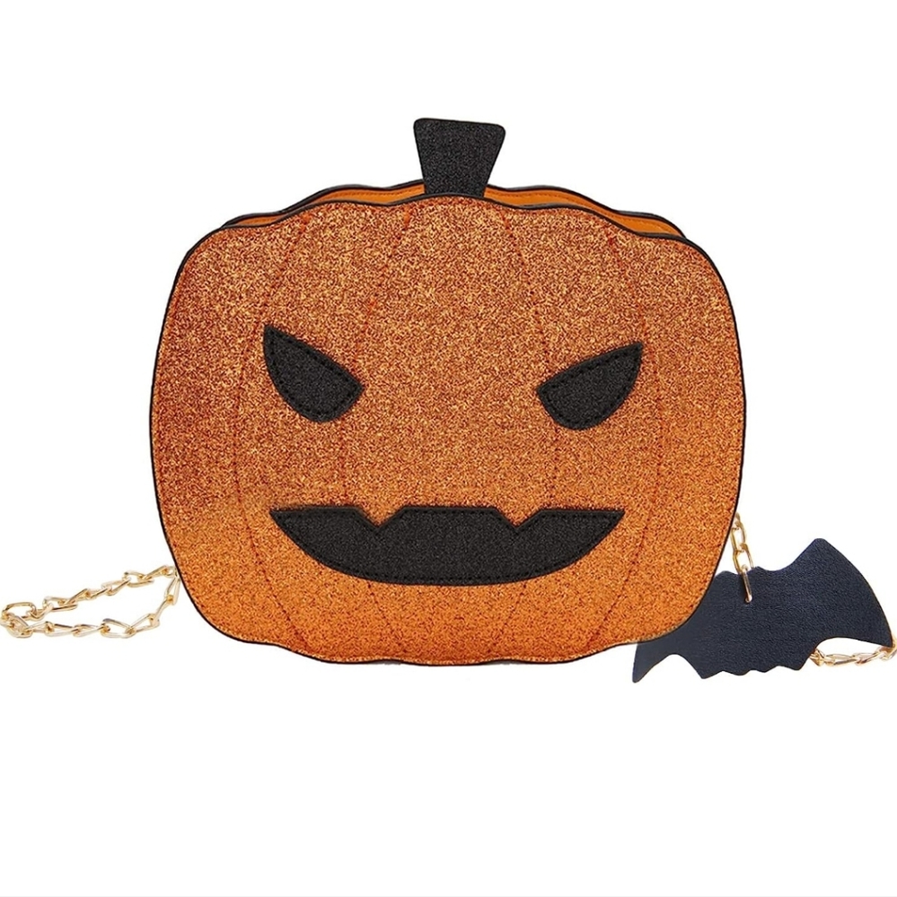 Pumpkin Halloween sparkly purse bag vegan leather bat charm costume New